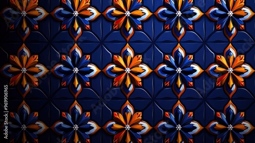 Vibrant blue and orange tile pattern featuring intricate floral designs, ideal for home decor and design projects. Hispanic Heritage, Day of the dead