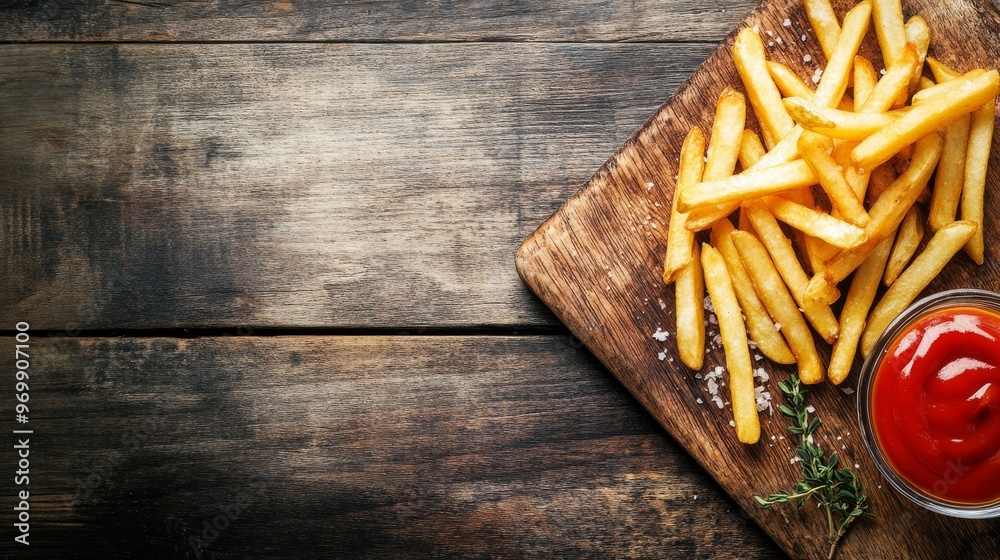 Crispy French Fries with Ketchup on Rustic Wooden Background, fast food, snack, appetizer Crispy French Fries with Ketchup on Rustic Wooden Background, fast food, snack, appetizer