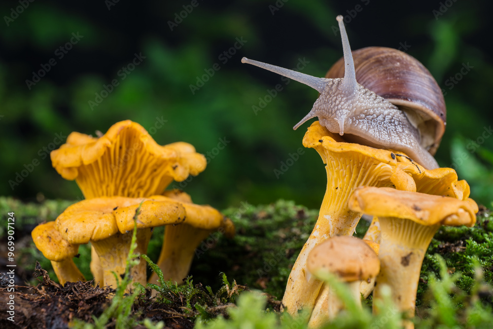 garden snail on moss in forest with mushroom