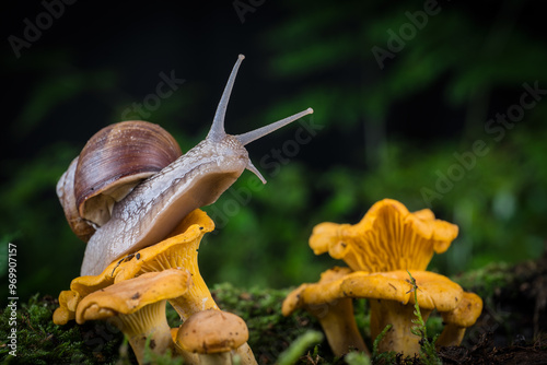 garden snail on moss in forest with mushroom photo