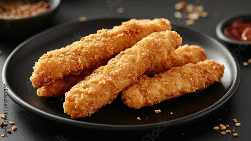 Crispy Fried Chicken Fingers on Black Plate, Food Photography, Appetizer, Chicken Fingers, Fried Food photo