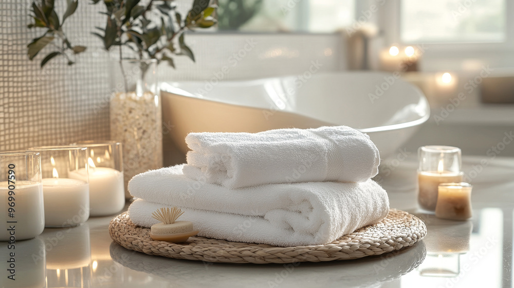 Design an image that conveys a sense of luxury and pampering. Include elements like plush towels, a spa-like environment, and relaxing accessories to enhance the feeling of indulgence and self-care. Design an image that conveys a sense of luxury and pampering. Include elements like plush towels, a spa-like environment, and relaxing accessories to enhance the feeling of indulgence and self-care.
