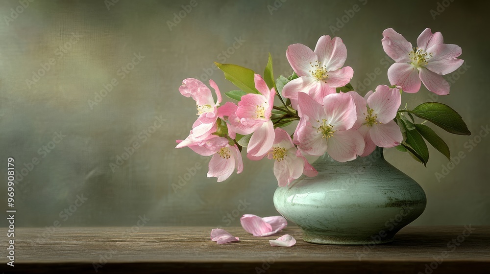 Obraz premium Delicate Pink Blooms in a Vintage Vase, Still Life Photography, Flower Arrangement, Rustic Background, Floral Art, Spring Blossoms, Pink Flowers
