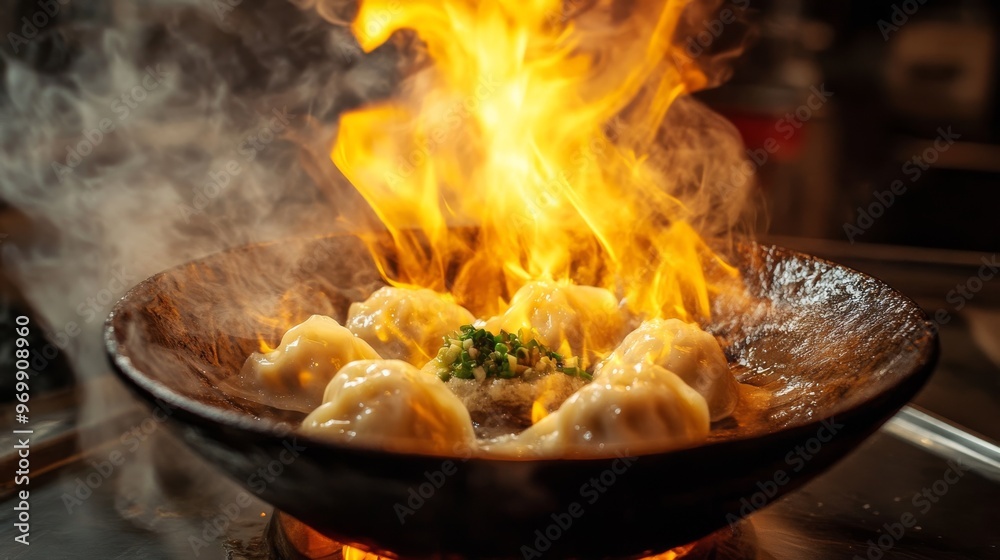 Flambéed Dumplings in a Wok, Food Photography, Asian Cuisine, Dumplings, Wok, Flambé Flambéed Dumplings in a Wok, Food Photography, Asian Cuisine, Dumplings, Wok, Flambé