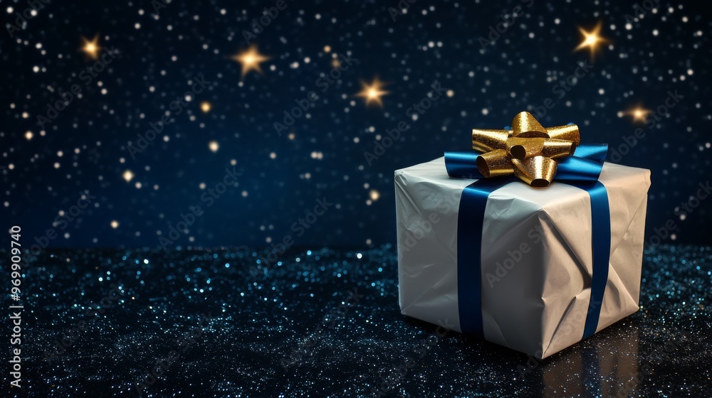 Gift Under a Starry Sky, Blue Ribbon, White Paper, Nighttime, Christmas, Present, Celebration Gift Under a Starry Sky, Blue Ribbon, White Paper, Nighttime, Christmas, Present, Celebration