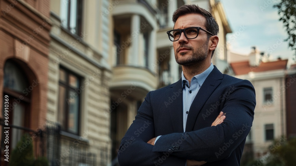 Confident business man in glasses and suit using tablet outdoors with modern office building in background. Concept of professional success, technology, and business lifestyle. Confident business man in glasses and suit using tablet outdoors with modern office building in background. Concept of professional success, technology, and business lifestyle.