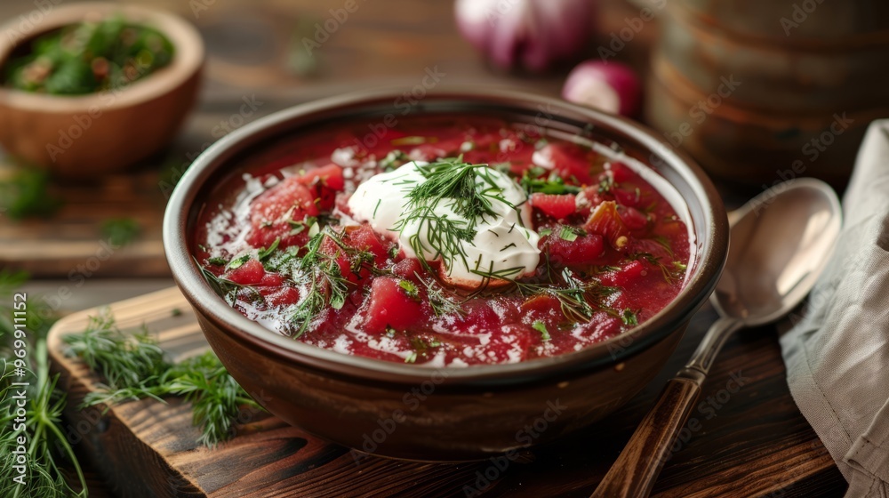 Bowl of Borscht with Sour Cream and Dill Garnish Bowl of Borscht with Sour Cream and Dill Garnish