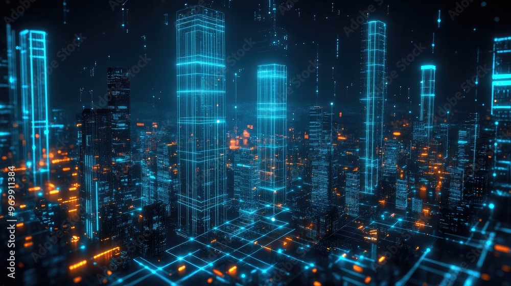 Digital Cityscape with Glowing Lines.