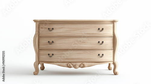 A vintage wooden dresser with a light finish, featuring three spacious drawers and elegant curved legs, stands against a plain white background.