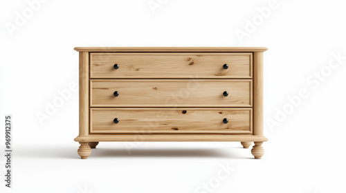 Wallpaper Mural A wooden, three-drawer dresser with round black knobs, having a simple and classic design, stands against a white background. Torontodigital.ca