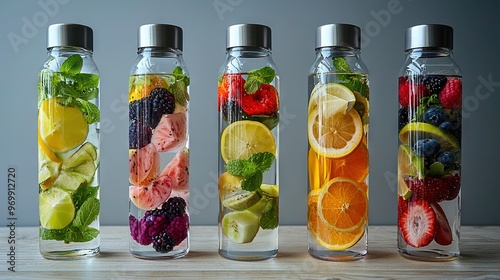  Four water bottles with diverse fruits and vegetables inside each