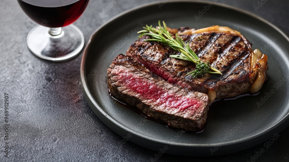 Juicy Medium-Rare Steak with Rosemary and Onion on a Black Plate, Steak, Dinner, Food , Meat, Gourmet, Cuisine Juicy Medium-Rare Steak with Rosemary and Onion on a Black Plate, Steak, Dinner, Food , Meat, Gourmet, Cuisine