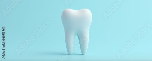 A clean, stylized 3D illustration of a tooth on a light blue background, perfect for dental clinics, health care, and oral hygiene campaigns.