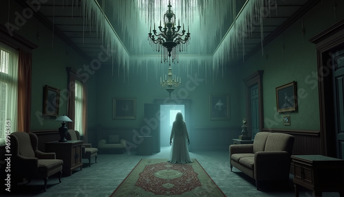 A haunted hotel lobby with cobweb-covered chandeliers, dusty old furniture, and ghostly figures drifting through the shadowy, abandoned rooms.