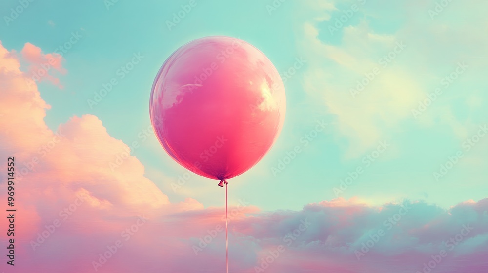 Obraz premium Pink Balloon Floating in a Dreamy Sky, Balloon, Sky, Clouds