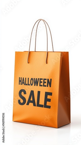 Bright orange shopping bag advertising a Halloween sale, perfect for promotions and festive events during the fall season. photo