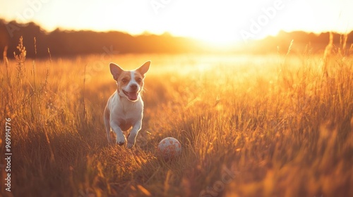 Dog running in field at sunset. photo