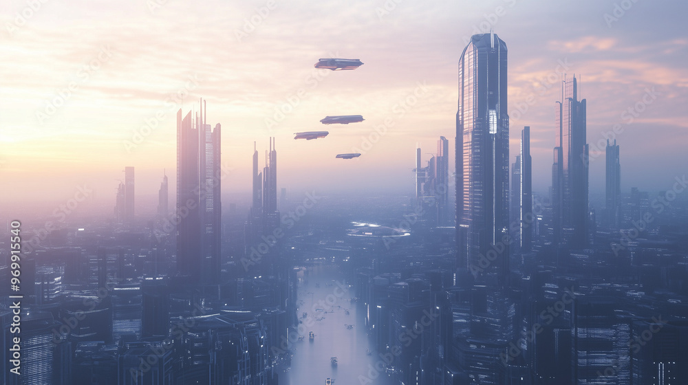 Futuristic cityscape with sleek skyscrapers at dawn, featuring flying vehicles above a misty urban environment with a serene ambiance. Futuristic cityscape with sleek skyscrapers at dawn, featuring flying vehicles above a misty urban environment with a serene ambiance.