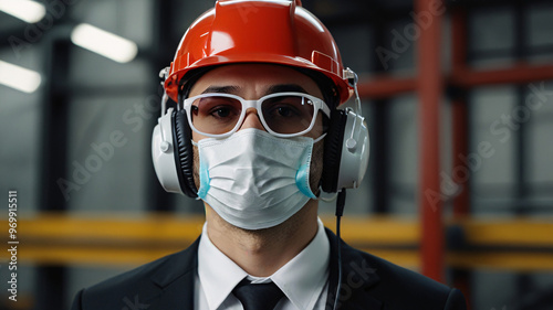 worker gentleman employee industry factory engineer wears helmet mask headphone in warehouse tone red