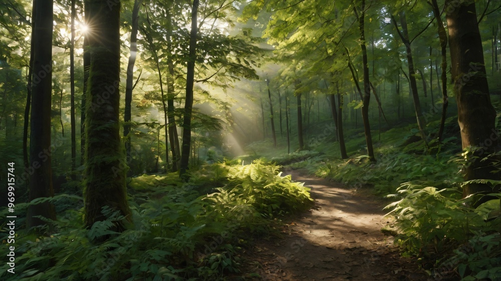 Naklejka premium Sunlight filters through trees on a serene forest path in a lush woodland during late afternoon