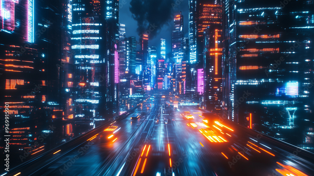 Futuristic cityscape with neon lights and towering skyscrapers, showcasing advanced technology and a bustling, high-energy atmosphere at night. Futuristic cityscape with neon lights and towering skyscrapers, showcasing advanced technology and a bustling, high-energy atmosphere at night.