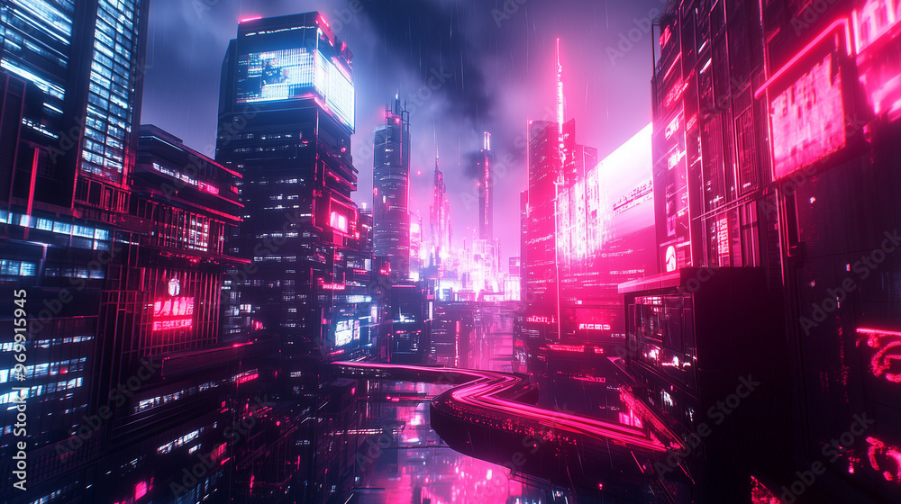 Futuristic cityscape with neon lights reflecting off rain-soaked streets, featuring towering skyscrapers and high-tech architecture at dusk. Futuristic cityscape with neon lights reflecting off rain-soaked streets, featuring towering skyscrapers and high-tech architecture at dusk.