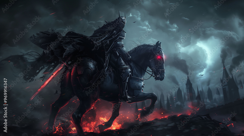 Dark armored knight riding a black horse with glowing red eyes, holding ...