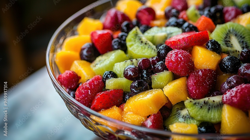 Close-up of a bowl filled with kiwis, raspberries, oranges, and kiwis Close-up of a bowl filled with kiwis, raspberries, oranges, and kiwis