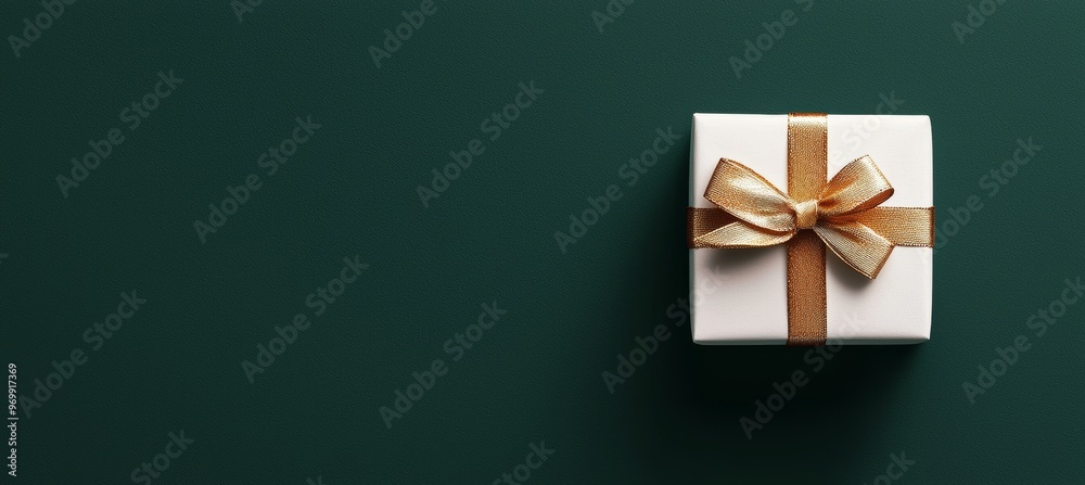 Elegant White Gift Box with Gold Ribbon on Dark Green Background for Celebrations and Special Occasions Elegant White Gift Box with Gold Ribbon on Dark Green Background for Celebrations and Special Occasions