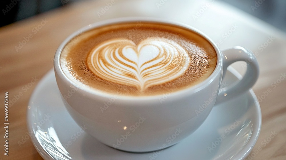 A cappuccino in a white mug on a wooden table with a saucer underneath it A cappuccino in a white mug on a wooden table with a saucer underneath it