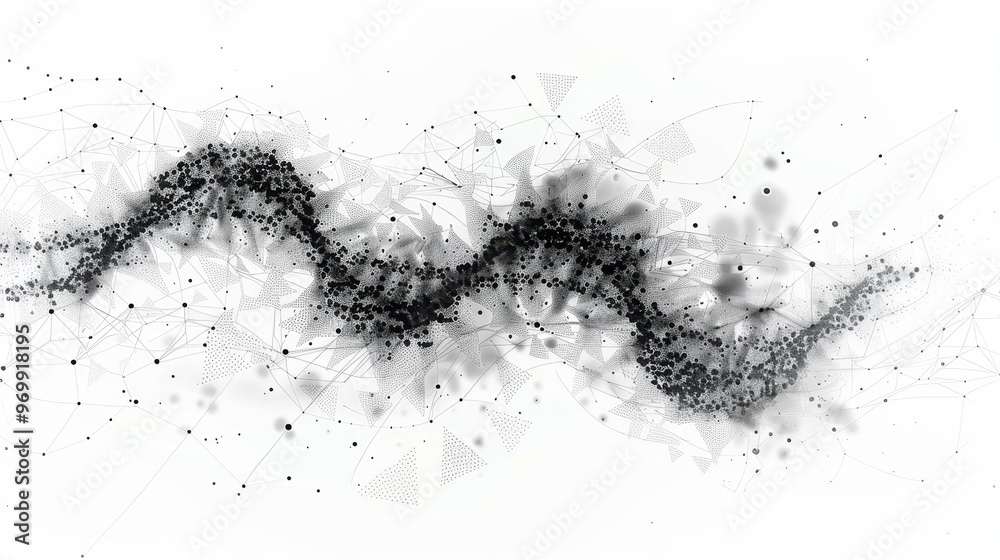 Fototapeta premium An abstract wave design composed of black particles and shapes against a white background, creating a modern artistic effect.