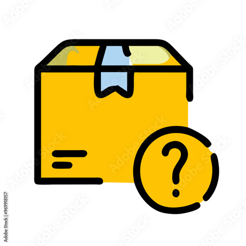 Cardboard box with question mark icon, flat design, yellow and blue, mystery package concept