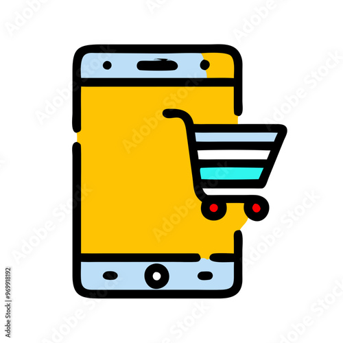 Smartphone with shopping cart icon, flat design, yellow and blue, mobile e-commerce concept