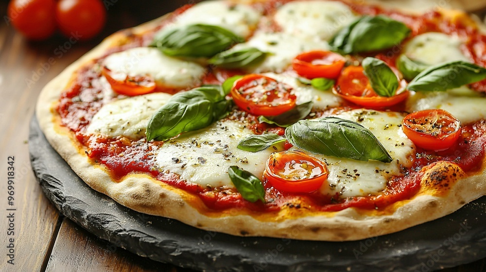 Pizza with tomatoes, mozzarella, basil, and cheese on slate platter on wooden table Pizza with tomatoes, mozzarella, basil, and cheese on slate platter on wooden table