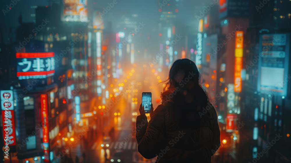 A person using the latest smartphone, with a dynamic cityscape in the background A person using the latest smartphone, with a dynamic cityscape in the background