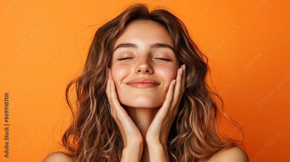 Brunette woman smiling from pleasure. Girl with closed eyes, touches her face and dreams about smth, thinking or imaging, standing over orange background Brunette woman smiling from pleasure. Girl with closed eyes, touches her face and dreams about smth, thinking or imaging, standing over orange background