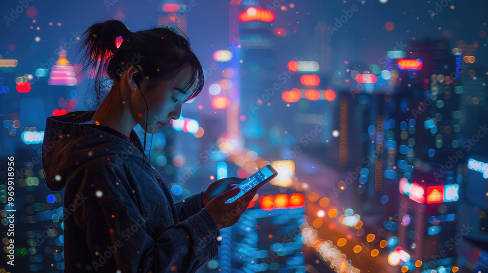 A person using the latest smartphone, with a dynamic cityscape in the background A person using the latest smartphone, with a dynamic cityscape in the background