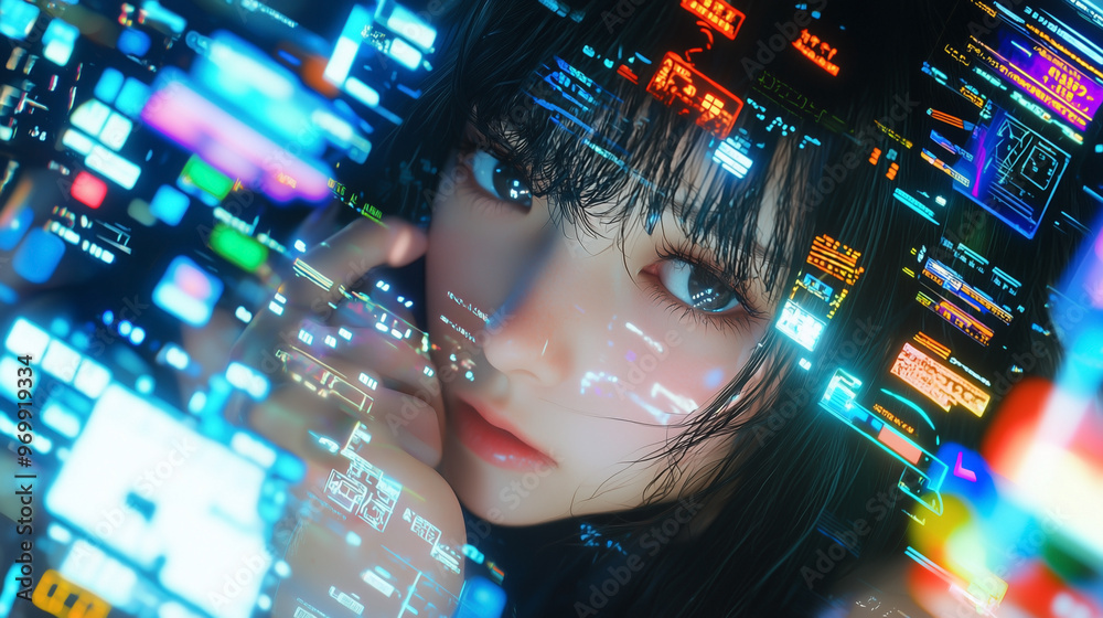 woman's face against the background of colorful computer displays woman's face against the background of colorful computer displays