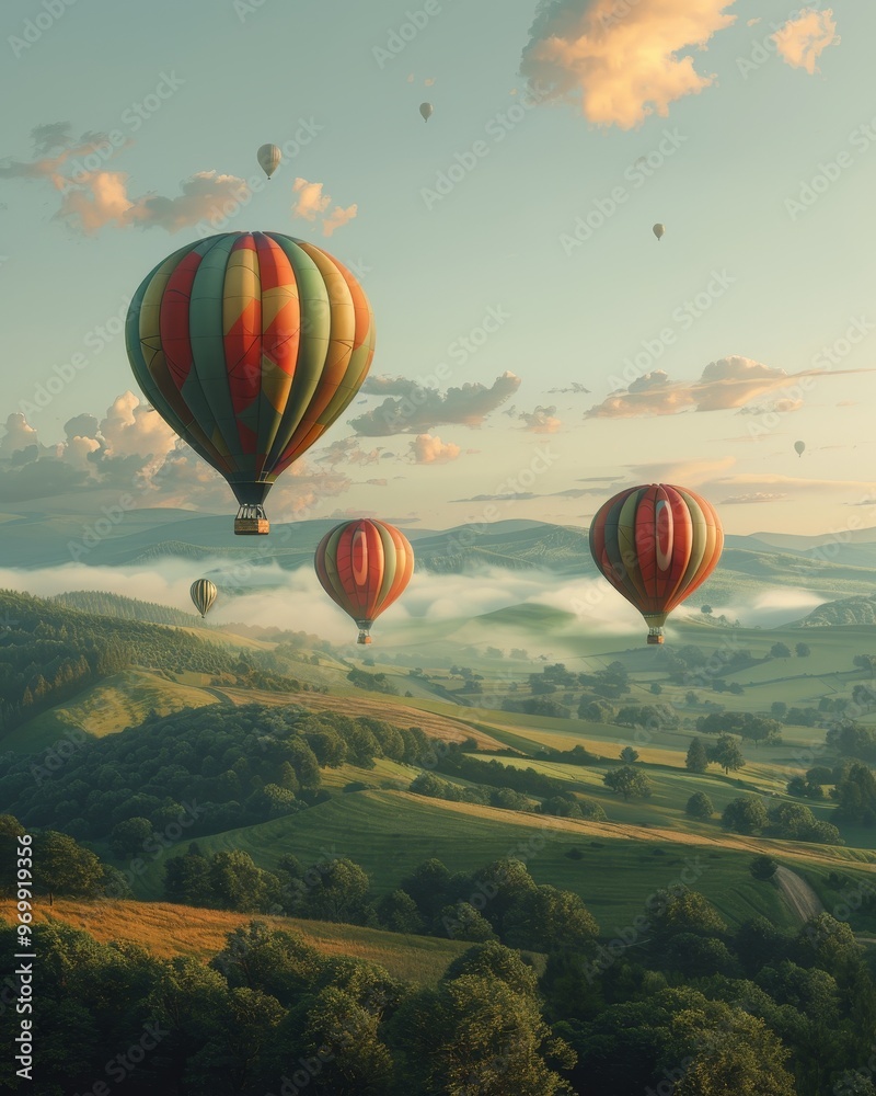 Obraz premium Breathtaking hot air balloons floating over lush green hills, creating a serene and picturesque landscape at dawn.