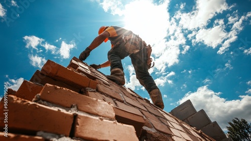 Skilled masonry builder laying bricks at construction site under clear sunny skies