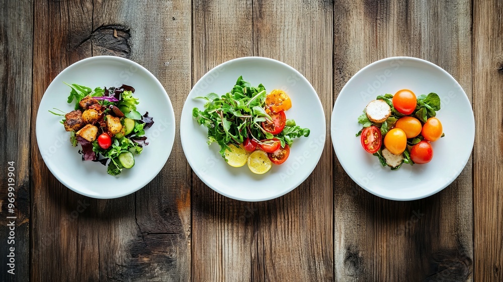 Three Plates of Fresh Salad with Tomatoes, Greens and Lemon, healthy eating, vegetarian meal, lunch Three Plates of Fresh Salad with Tomatoes, Greens and Lemon, healthy eating, vegetarian meal, lunch