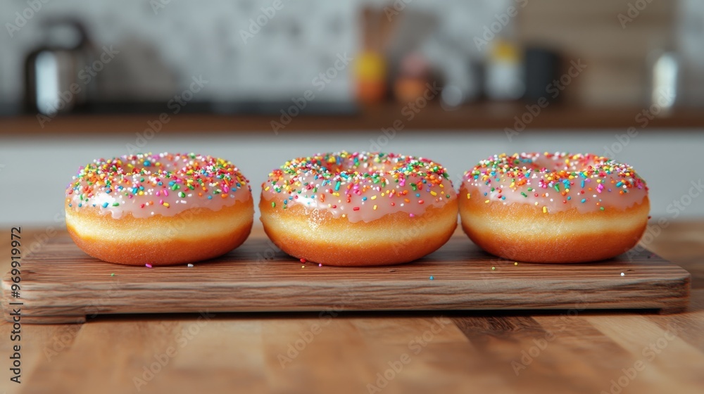 Three Sprinkled Donuts on Wooden Cutting Board, Donuts, Food, Dessert Three Sprinkled Donuts on Wooden Cutting Board, Donuts, Food, Dessert