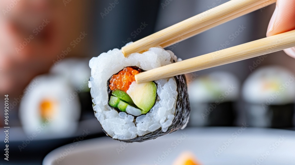 A person holding chopsticks over a sushi roll with green and red vegetables, AI A person holding chopsticks over a sushi roll with green and red vegetables, AI