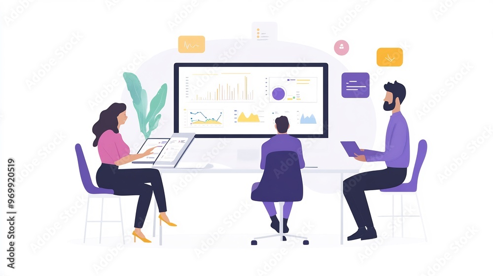 Three coworkers sitting at a desk looking at computer monitors and charts. Three coworkers sitting at a desk looking at computer monitors and charts.