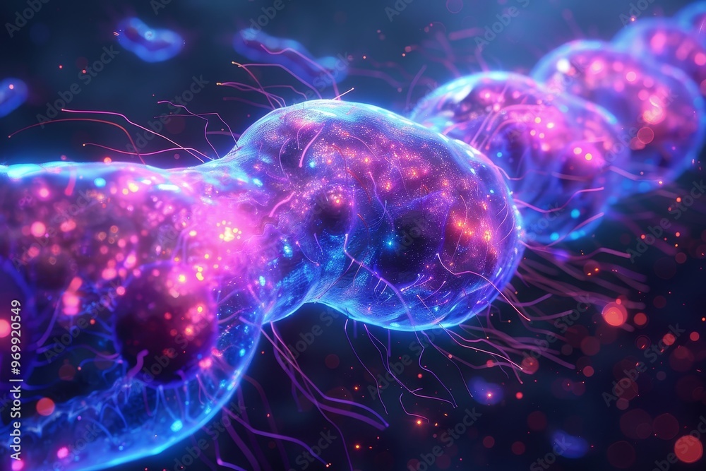 Fototapeta premium Detailed visualization of glowing cells exhibiting vibrant colors and intricate structures, showcasing biological processes.