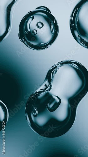 Vertical video. Animation of liquid bubbles. Chaotic movement of liquid molecules on a blue background. Animation for cosmetics, oils, drinks, medicine, science. Liquid metal molecules