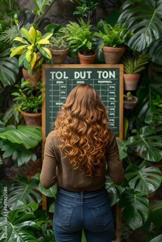 A woman with long brown hair looking at a board with the words Tol Dut Ton on it photo