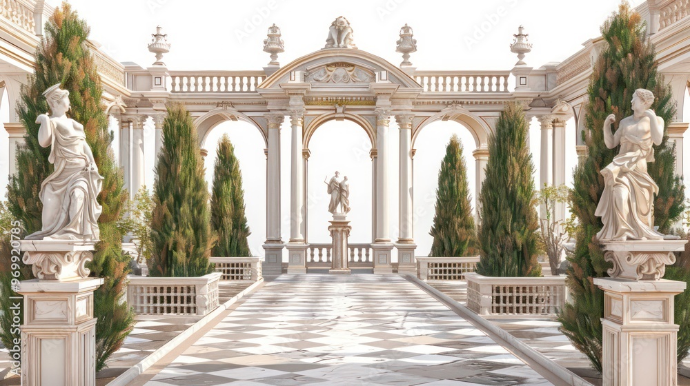 Fototapeta premium White marble statues stand in the shade of an elegant classical archway, with a checkerboard floor leading through the passage.