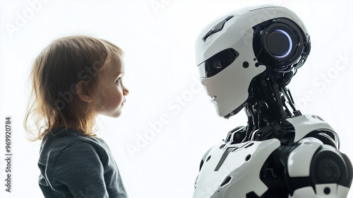 A young child with light hair curiously looks at a humanoid robot in a bright, futuristic setting.