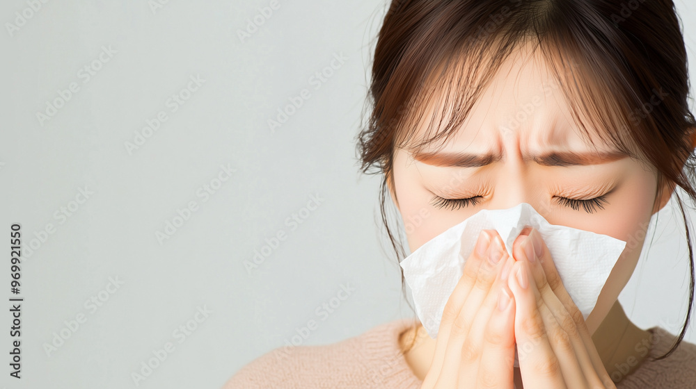 Asian woman sneezing and holding a tissue, suffering from allergic rhinitis Asian woman sneezing and holding a tissue, suffering from allergic rhinitis